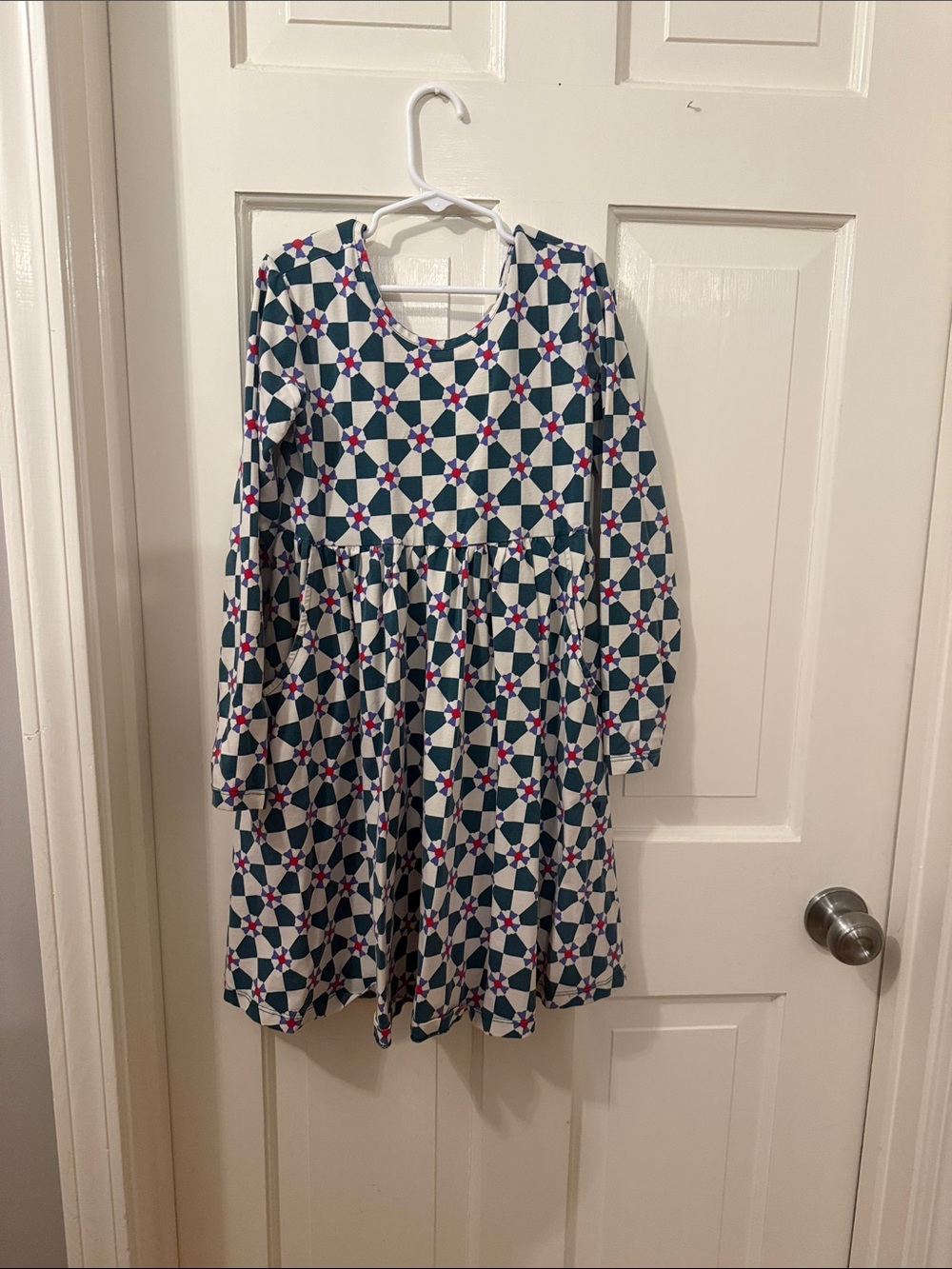 Hanna Andersson Navy, White & Pink Geometric Long-Sleeve Dress